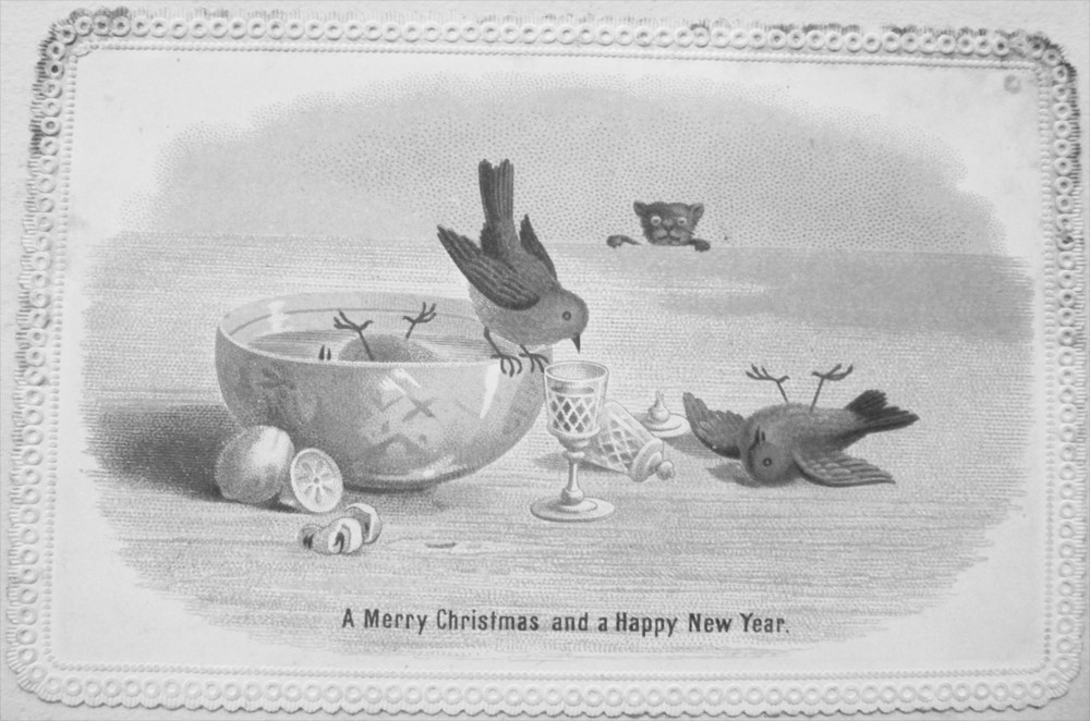 Victorian Christmas Card with dead Robins