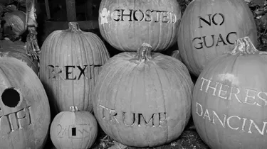 Carved pumpkins with phrases